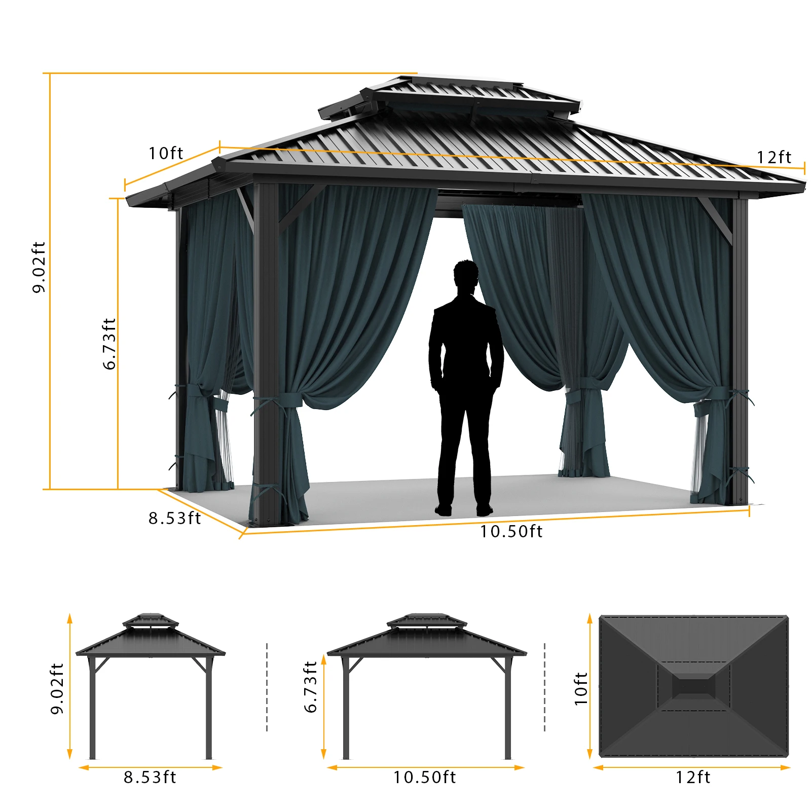 10x12 Hardtop Gazebo, Heavy Duty Galvanized Steel Double Roof Metal Gazebo with Netting and Curtains, Permanent Outdoor Pavilion Pergola for Backyard, Patio, Garden and Lawn, Flame-Resistant Cabana Shelter, Black view 3