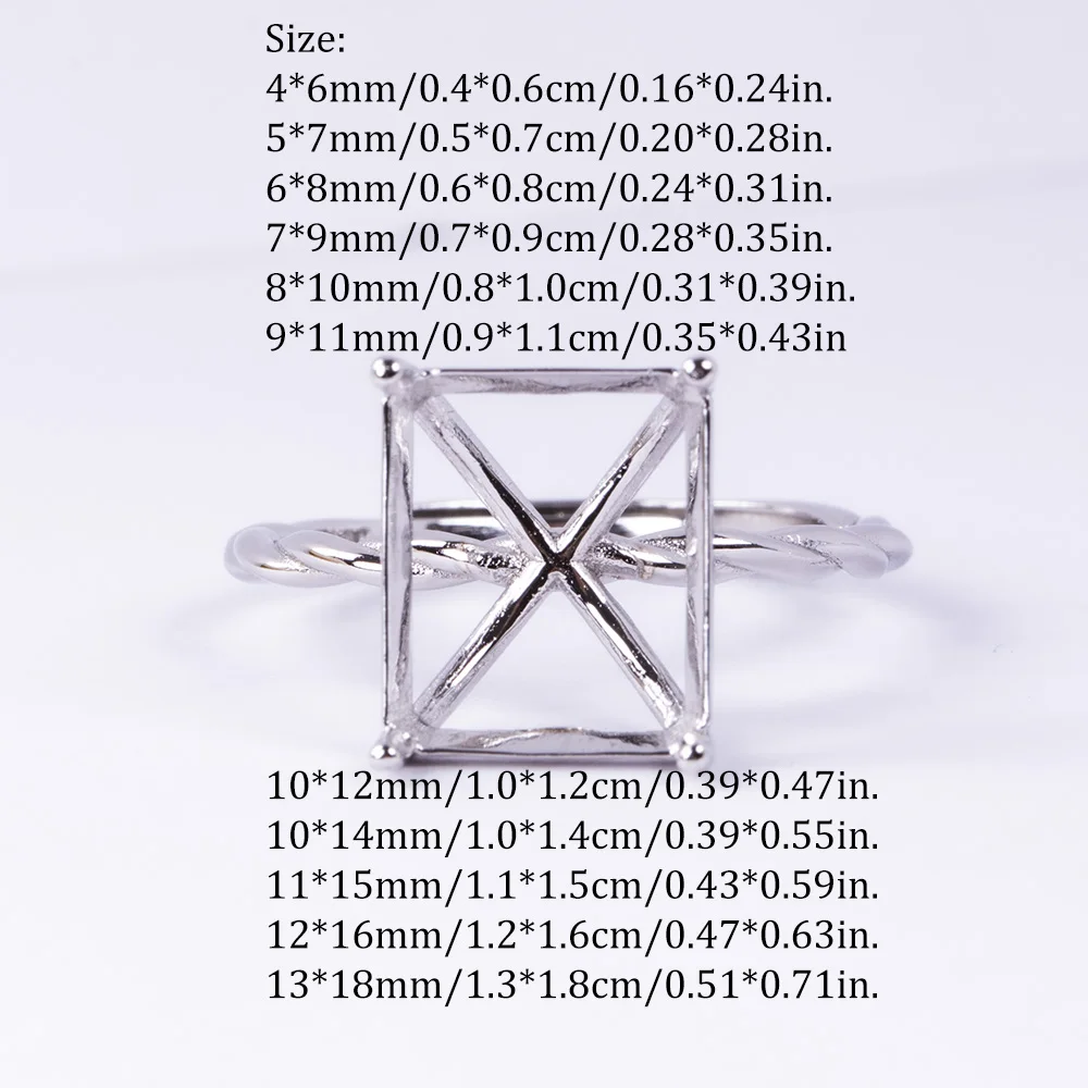 Ajuste de anillo cuadrado de varios tamaños, Material de plata esterlina S925, Base de anillo trenzado Simple, adecuado para joyería hecha a mano, 1 pieza