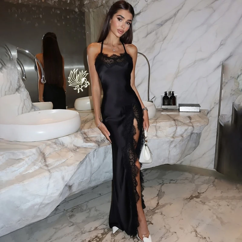 

Черное кружевное длинное платье для женщин, летнее, без рукавов, с разрезом, сексуальное, атласное, для вечеринок, 2026, с открытой спиной, в стиле бохо, пляжное платье для отпуска