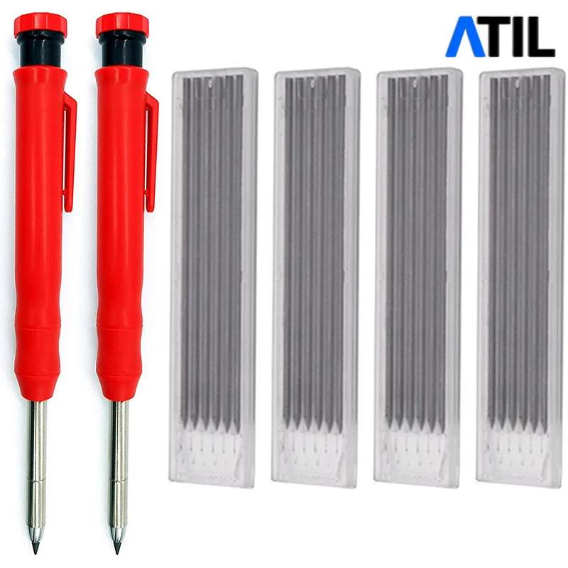 Solid Carpenter Pencil Set with 6 Refill Leads Built-in Sharpener Deep Hole Mechanical Surveying Pencil Marker Marking tools set