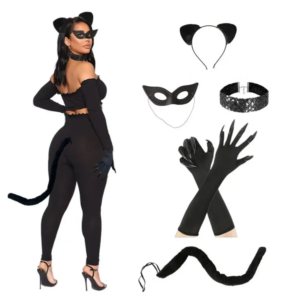 5 Pcs/Set Cosplay Cat Simulated Tail Set Eye Cover Hairband Choker Gloves And Tail Set Halloween Wedding Night Accessories