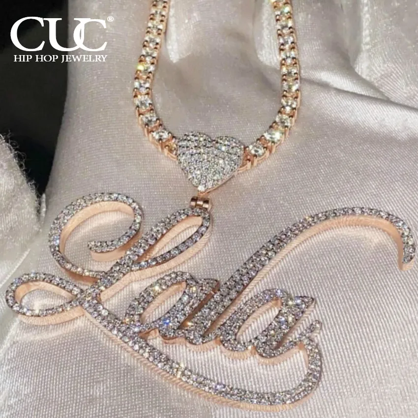 

CUC Custom Tennis Letter Name Pendant With heart Bail Cursive Script Style Men Women Necklace Chain Fashion Hip Hop Jewelry