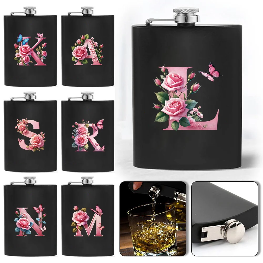 

Black Stainless Steel Waist Flask Pressure-Resistant Large-Capacity Flask Outdoor Travel Bottle Pink Butterfly Letters Pattern