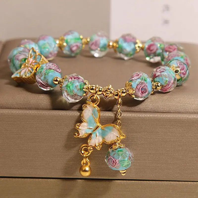 

New Chinese Rose Garden Blue Glaze Bracelet Women's Niche Light Luxury Gifts Butterfly Pendant Beads HandString High-end Jewelry