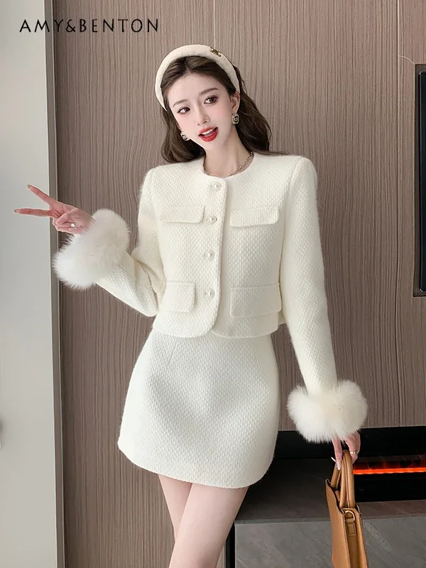 

Elegant Graceful Outfits Women Winter New Plush Stitching Long Sleeve O-neck Short Coat + Thicken A-line Skirt Two-Piece Sets