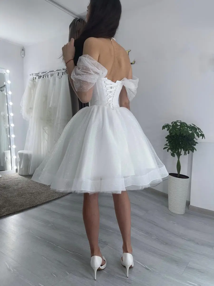 Off Shoulder Short Wedding Gowns Puffy Sleeves Wedding Dresses for Bride Tulle Prom Homecoming Dress Bridal Simple Wedding Dress