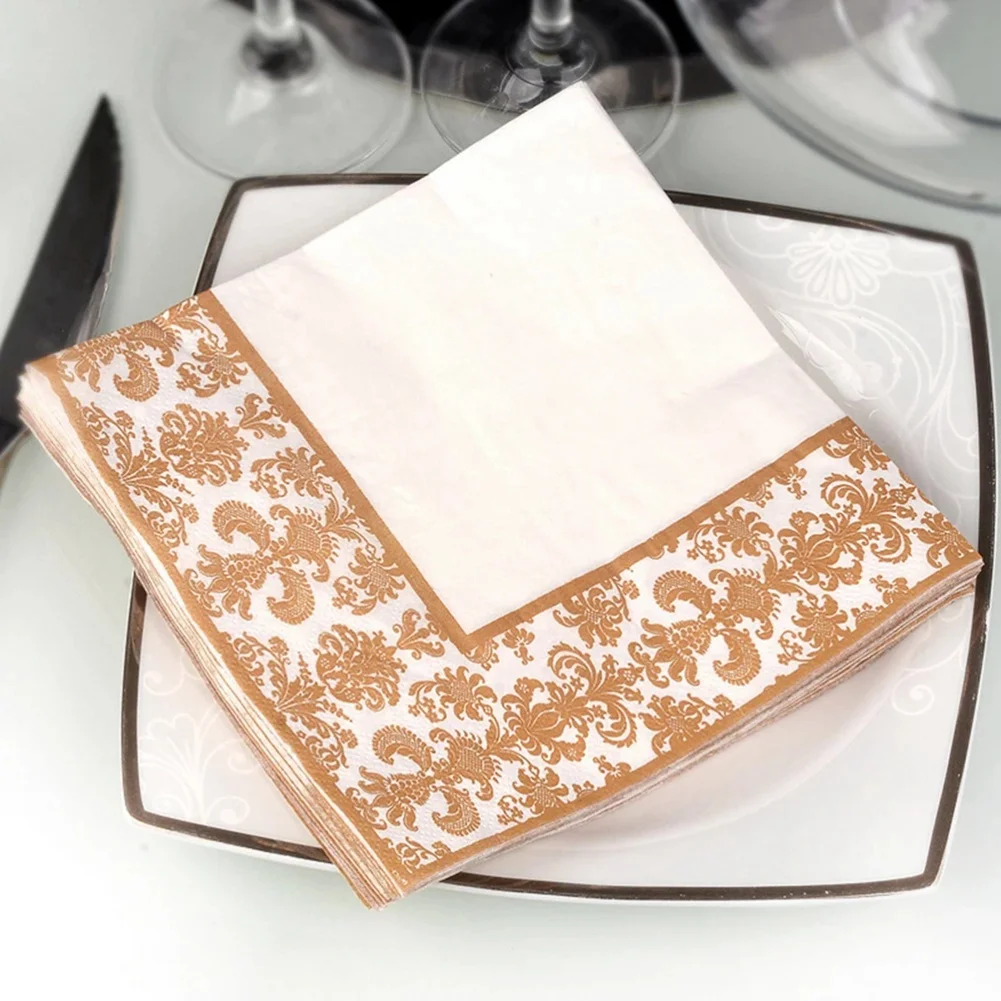 100Pcs Gold Printing Disposable Napkin Tissue Paper Printed Napkins for Restaurant and Hotel (Golden + White)