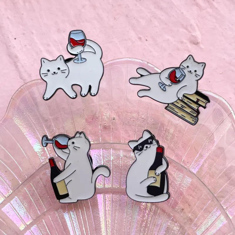 Funny Cartoon Cat Drink Red Wine Enamel Brooch Fashion Cute Kitty Lapel Badge Pins Jewelry Party Gift For Women Girls