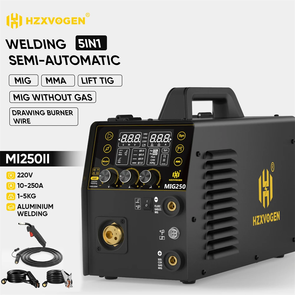 HZXVOGEN MIG250 Alluminio 5 in 1 Saldatrice MMA ARC/Gas MIG/Gasless MIG/LIFT TIG Saldatura a punti Saldatore domestico portatile Strumento