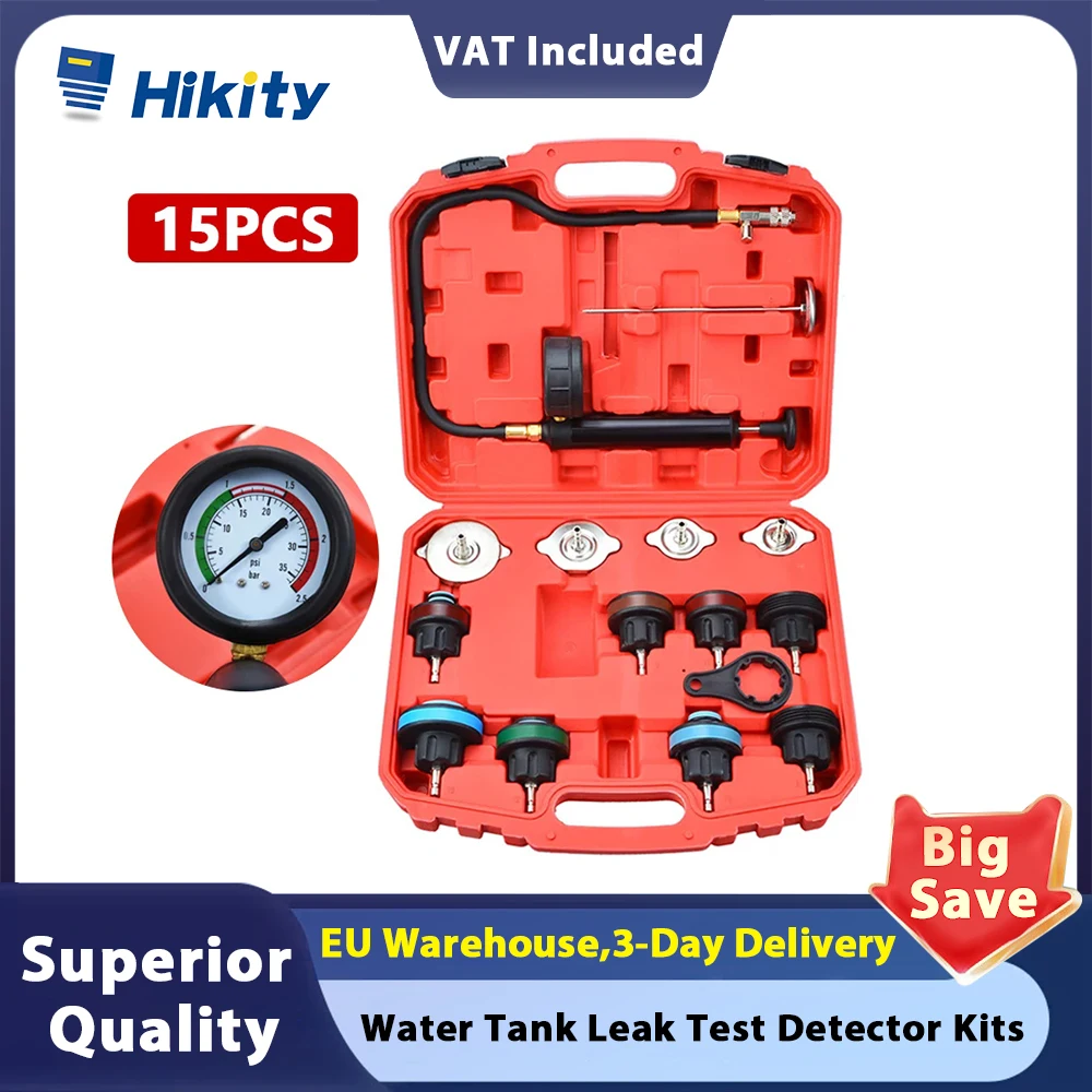 Hikity 15PCS Universal Car Radiator Pressure Leakage Tester Tool Set Auto Cooling System Water Tank Leak Test Detector Kits