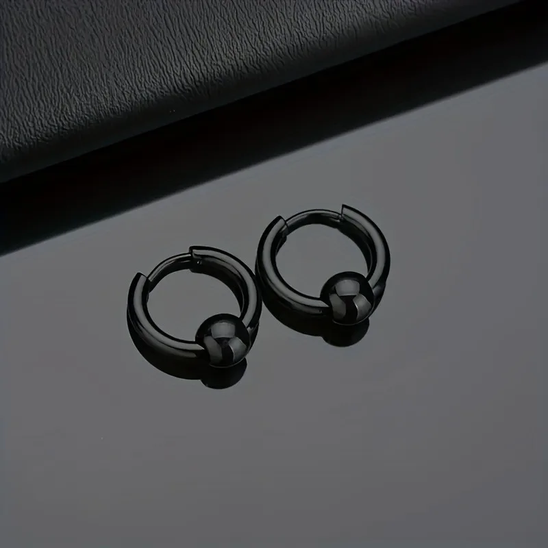 3 Pairs Stainless Steel Ball Decor Hoop Earrings For Men, Hip Hop Unisex Beads Circle Earrings