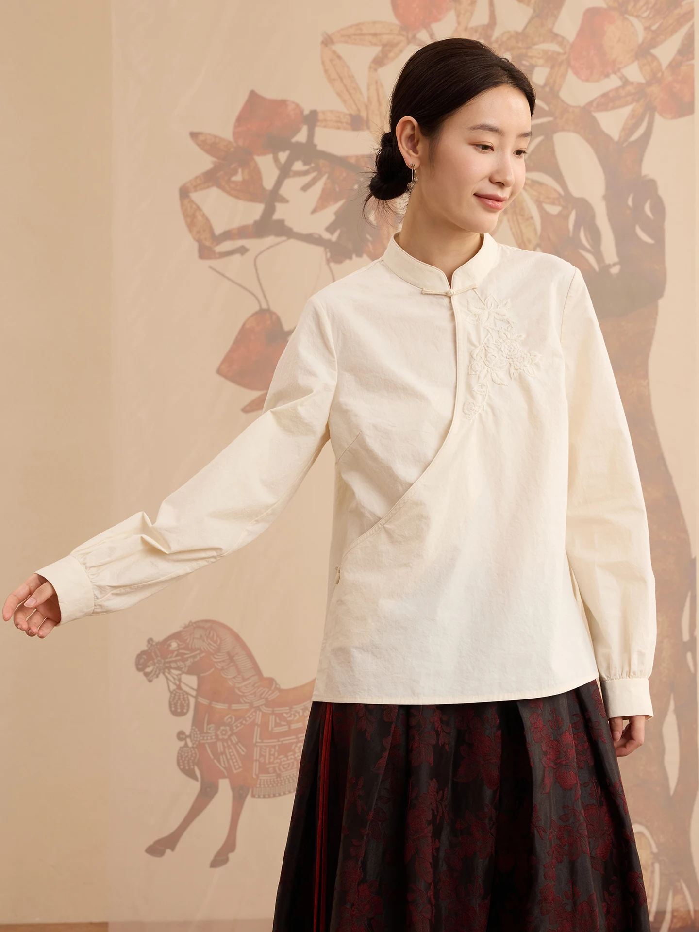

Ele Long Velvet Cotton Stand Collar Embroidered irt Zen Sle Festive Wi Inner Peace Handmade Stitch Women's irt