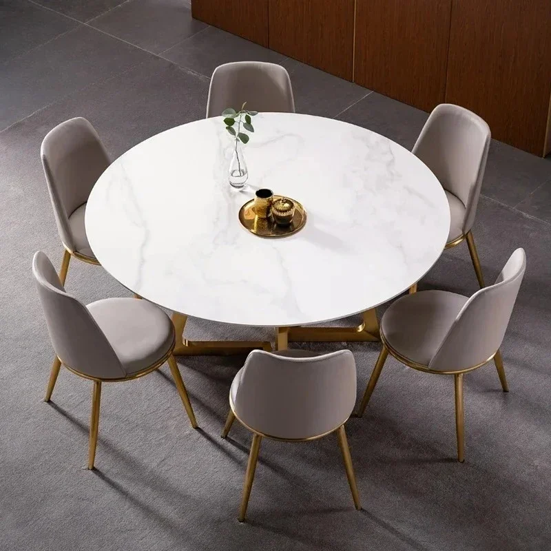 Designer Luxury round Marble Rock Slab dining table set 4 6 chairs mesa tavoli furniture meuble marbre Stainless steel gold base