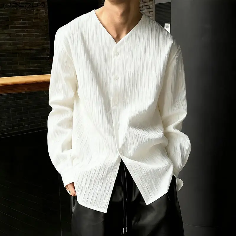 INCERUN الرجال قميص بلون الخامس الرقبة طويلة الأكمام زر ملابس الرجال غير رسمية فضفاضة الشارع الشهير موضة الترفيه القمم الذكور القمصان #6