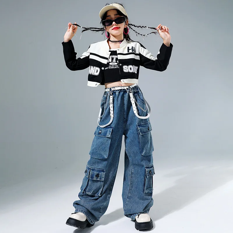 Girls Street Dance Motorcycle Crop Jacket Jeans Boys Jazz Street Dance Cargo Pants Children Clothes Sets Kids Streetwear Costume