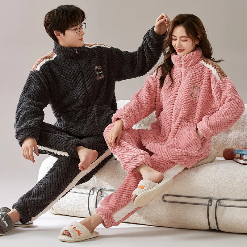 Korean Zipper Nightwear Couples Winter Warm Flannel Pajama Set Women Coral Fleece Pijama Men Casual Home wear pyjama lounge set