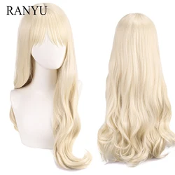 RANYU Synthetic Long Wavy Blonde Wig with Bangs Lolita Cosplay Fluffy Natural Women Hair Heat Resistant Wig for Daily Party