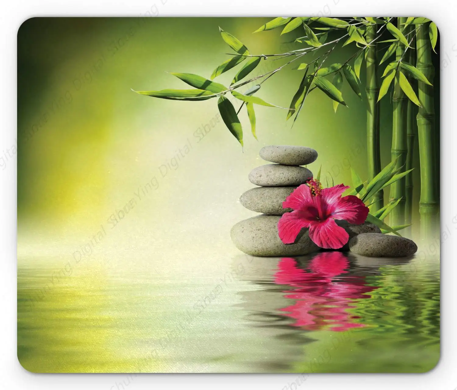 

Mouse Pad With Anti Slip Rubber Featuring Stones And Bamboo Leaves Hibiscus Flowers On The Calm Water Surface 18*22cm