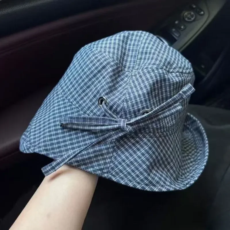 

women Matching Plaid Strap Bucket Hats Summer Fashion Big Brim Sun Protection Versatile Casual Basin Cap