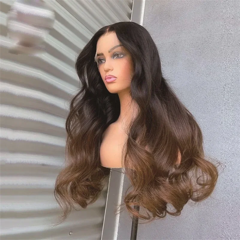 26inch 5x5 Silk Base Ombre Brown Long Body Wave  Jewish Human Hair Wig With Baby Hair HD Lace European Hair Preplucked Daily