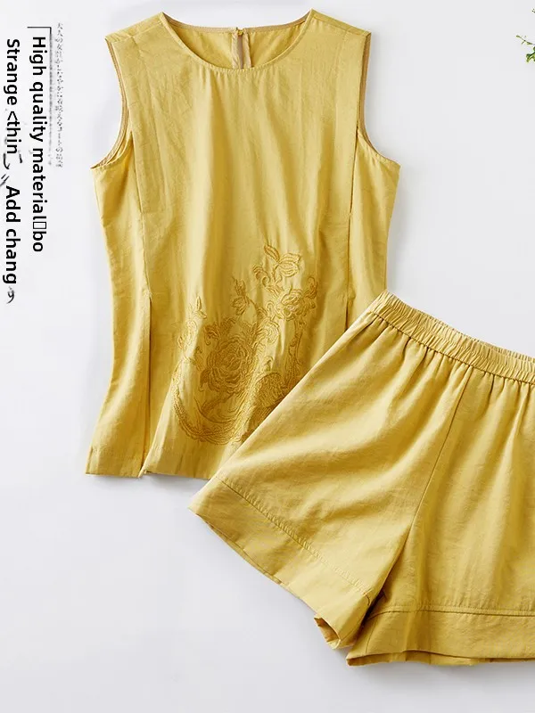 New Chinese Sle Embroidered Cotton Linen ort Sve Set Summer 2025 Faionable round Ne Two-Piece Suit ort Pants
