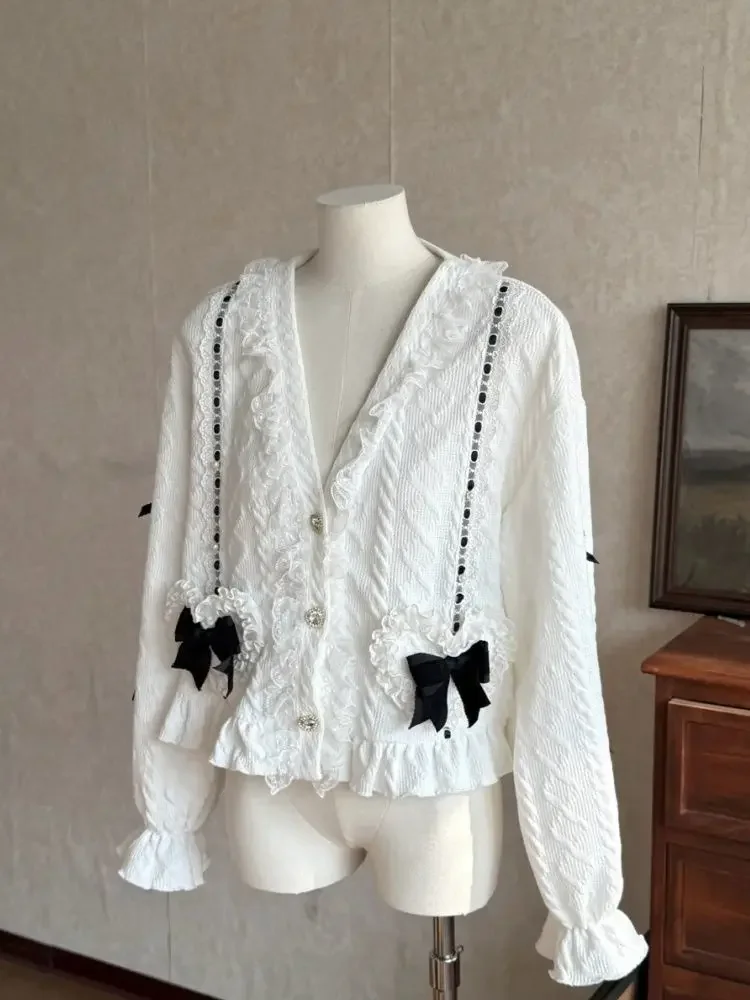 

Gagaok Cardigan Jackets Japanese Style Sweet Lolita Style Long Sleeve Top Autumn New V-neck Lace Bow Fried Dough Twists Coat