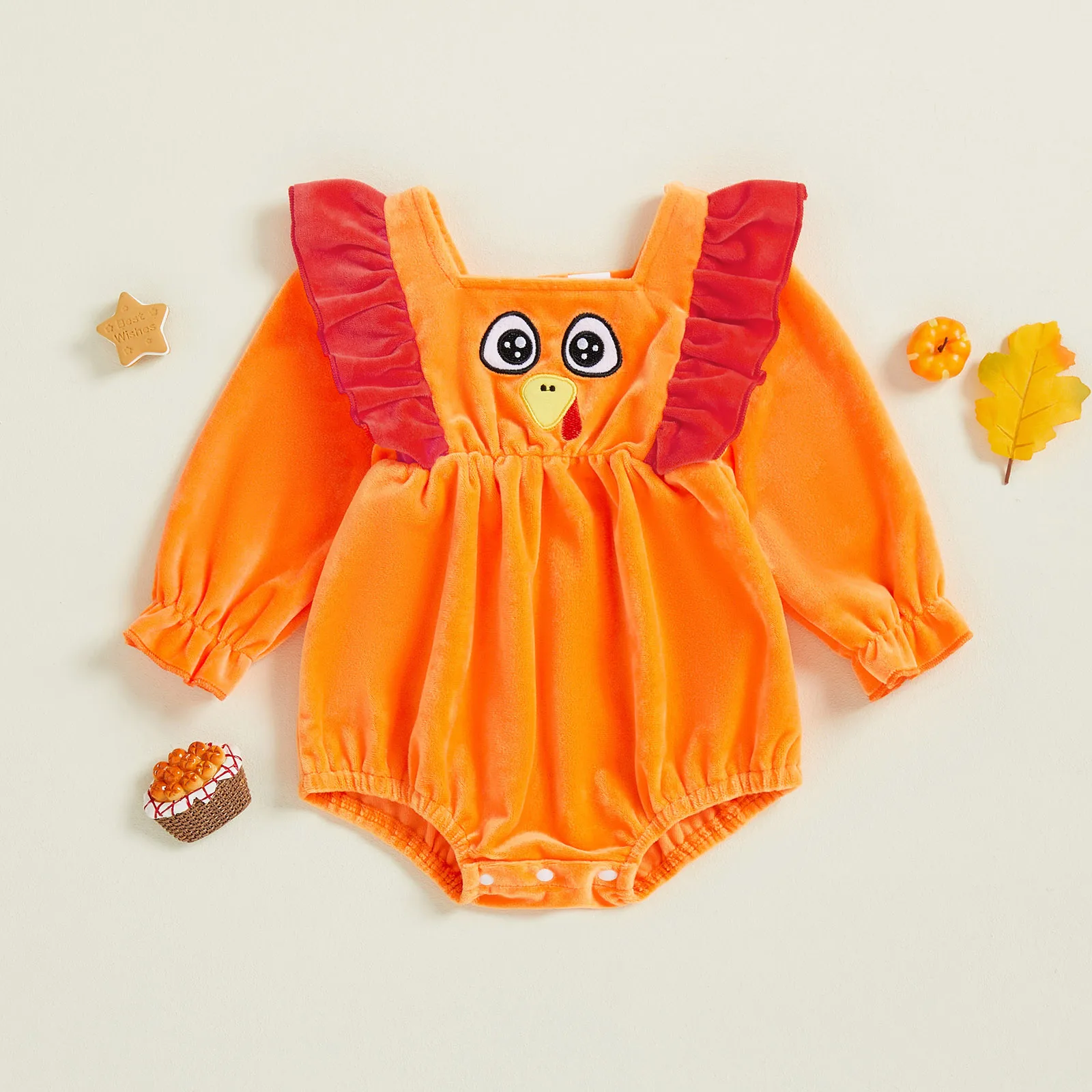 

Baby Girls Thanksgiving Romper Turkey Embroidery Ruffles Long Sleeve Jumpsuits for Newborn Infant Fashion Clothes