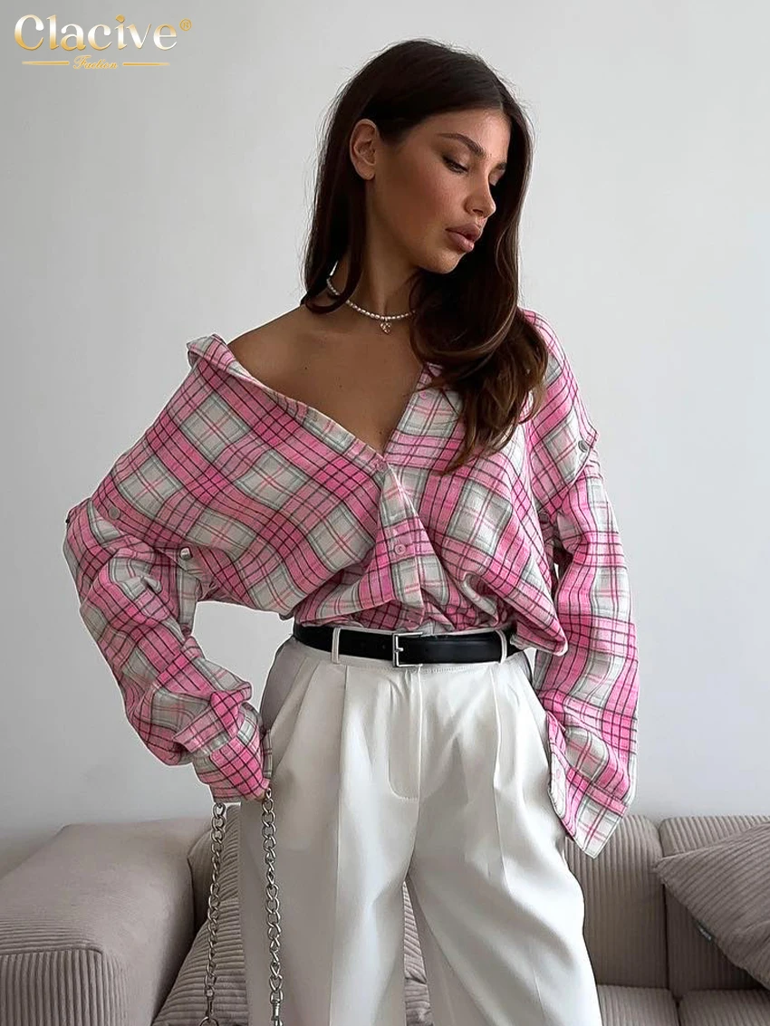 Clacive Fashion Loose Plaid Office Women\'s Shirt Vintage Lapel Long Sleeve Shirts Elegant Classic Blouse Top Female Clothing