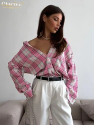 Clacive Fashion Losse Plaid Office Dames Shirt Vintage Revers Lange Mouw Shirts Elegante Klassieke Blouse Top Dames Kleding