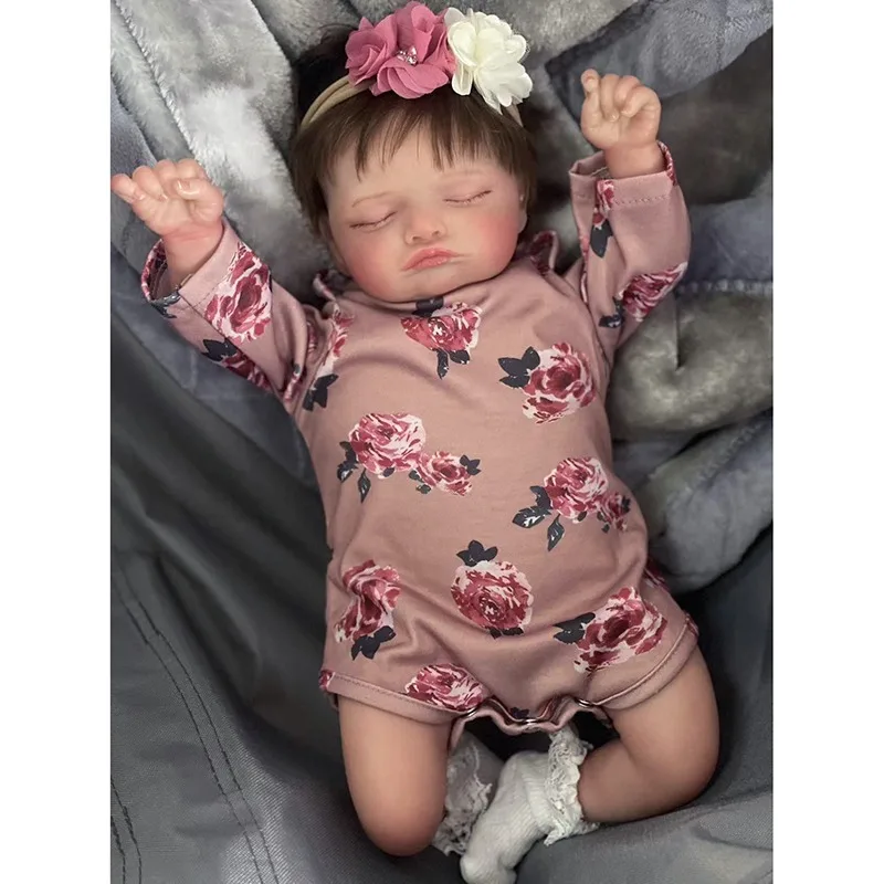 

49cm Cute Reborn Baby Girl Doll Rosalie with Printed Pink Long Sleeved Jumpsuit