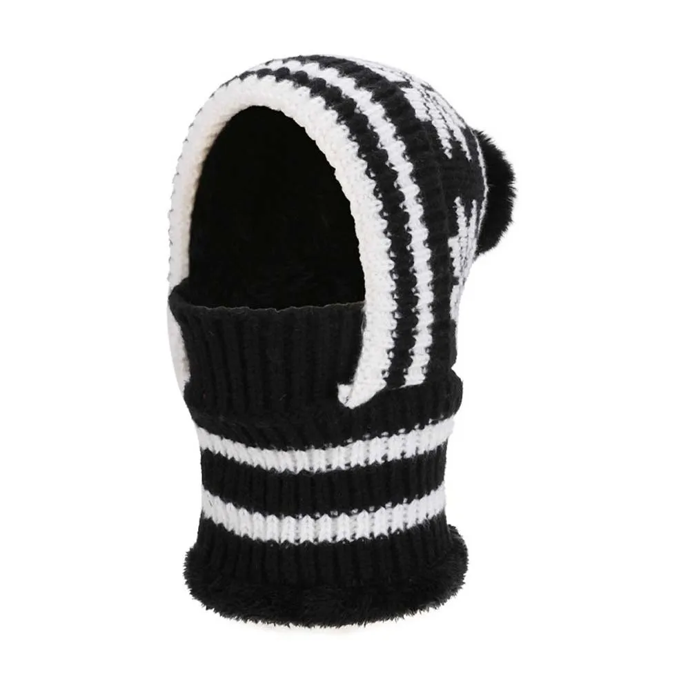 Fleece Lining Knitted Balaclava Hat Snowflake Jacquard Thick Warm Winter Beanie Mask Ear Protection Soft Integrated Scarf Cap