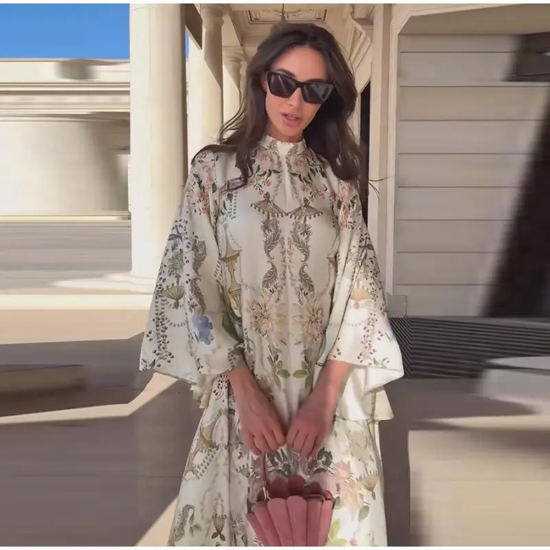 Printed Women's Maxi Dresses O-neck Big Swing Oversized Dress Irregular Hem Dresses Bohemian Female Robes Loose Partywear New