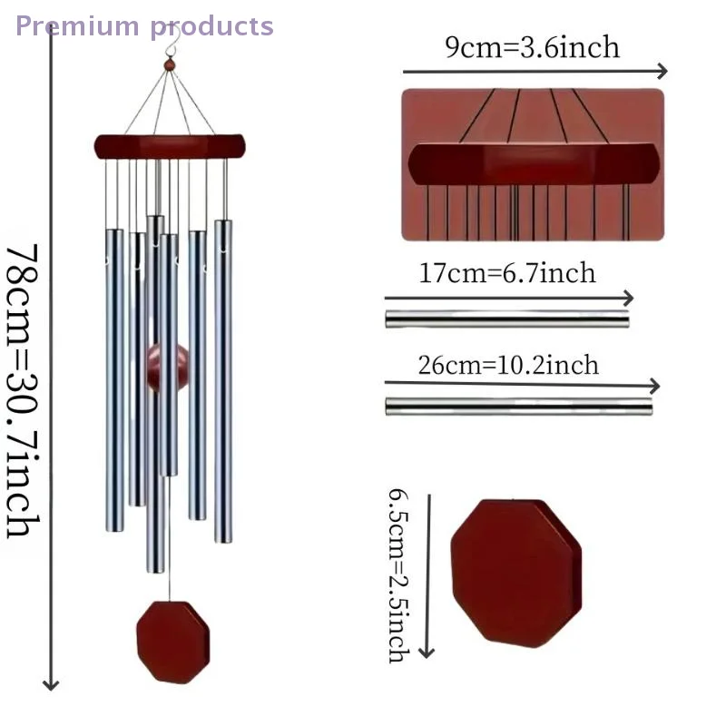 1Pc Retro Red Wind Chime with Wood Aluminum Pipes Octagonal Hang Tag 6 Metal Tubes for Courtyard Corridor Balcony Decor