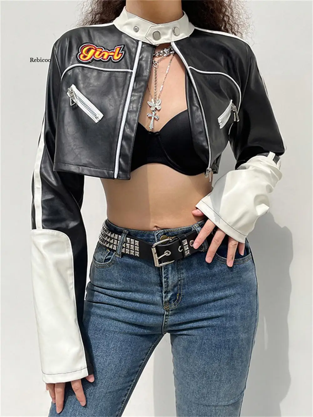 

Leather Jacket Women Streetwear Punk Style Patchwork Cropped Top PU Zipper Autumn Winter Jackets Female Sexy Fashion Coat