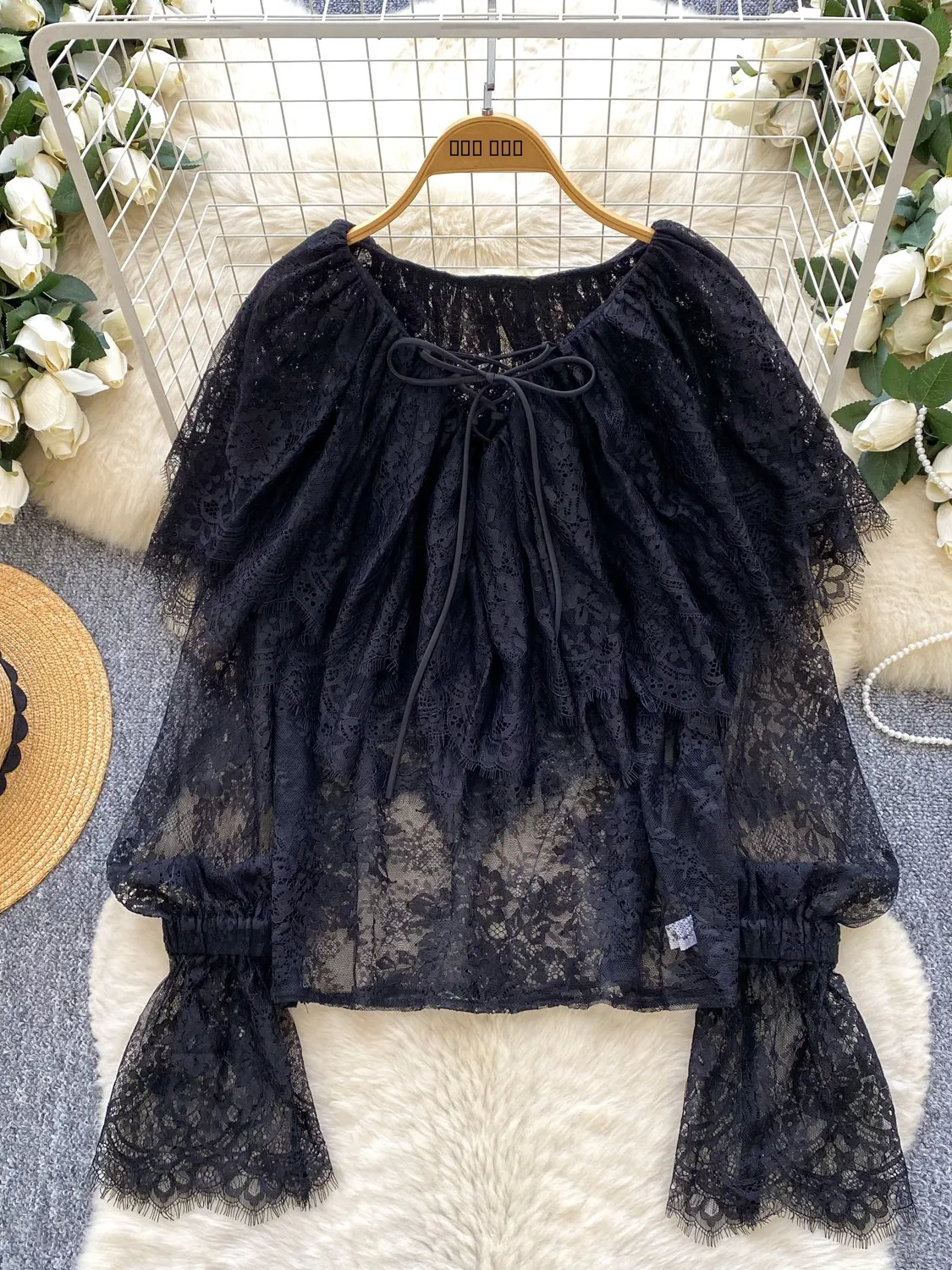 Süßes, sanftes SLE-Spitzenbesatz mit Gürtel, rund, Ne Bell Sve, dünnes Oberteil für Damen, Herbst-Außenabdeckung, irt, lockere Passform, atmungsaktiv