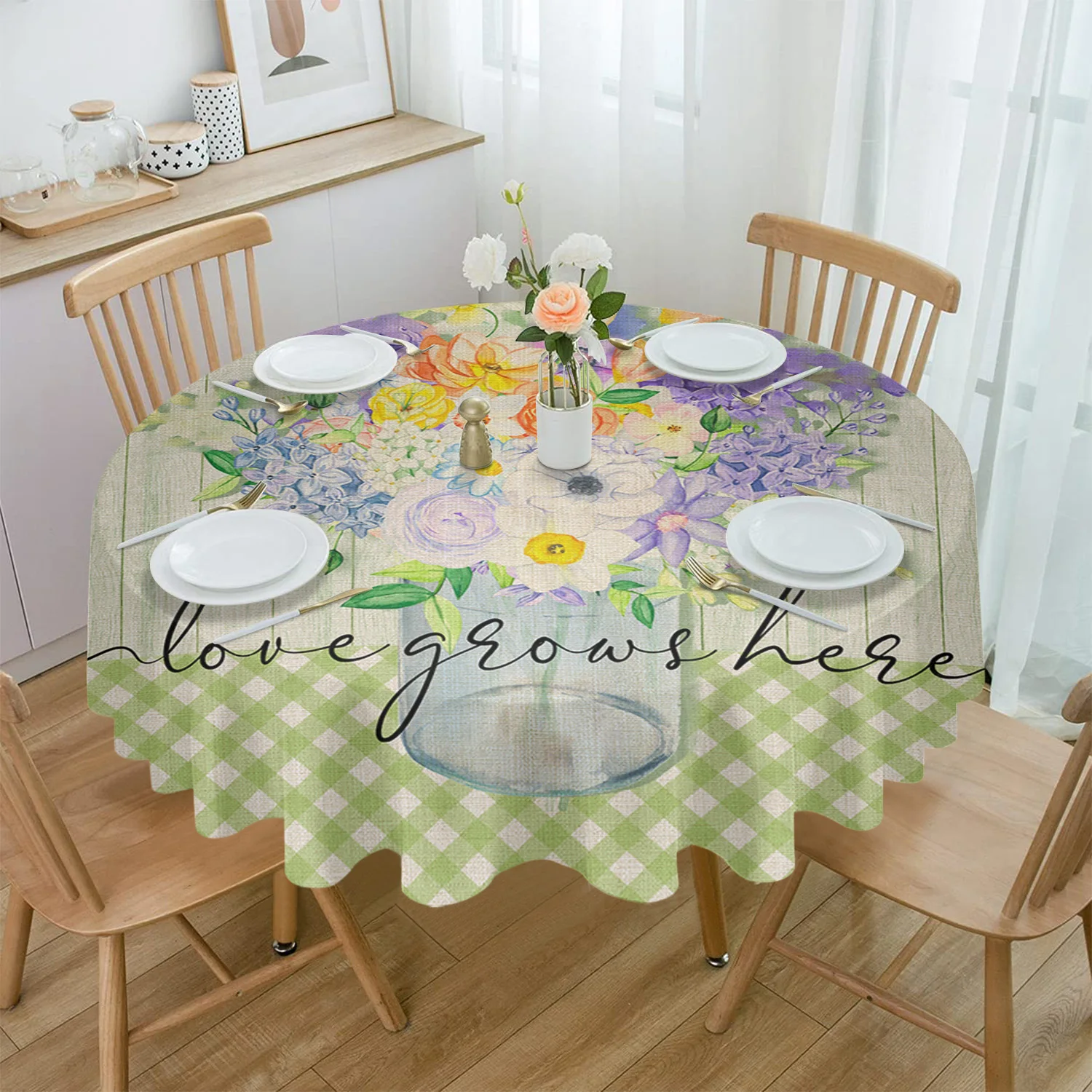 

Spring Floral Watercolor Plaid Round Tablecloth Waterproof Table Cover for Wedding Party Decoration Dining Table Cover