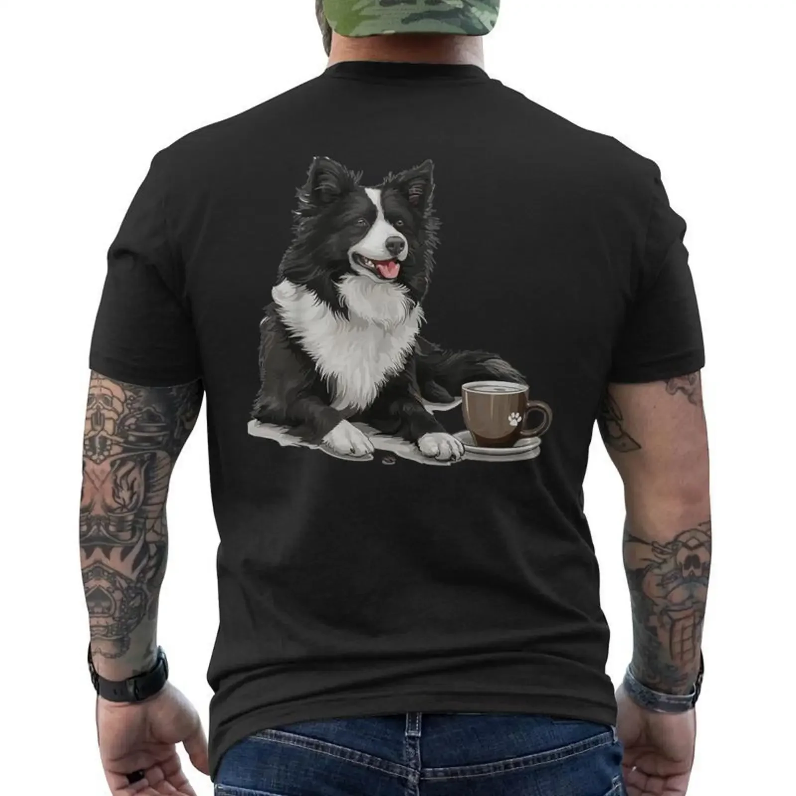 Karelian Bear Chien Race Graphique Café T-Shirt mit Rückendruck Cadeauxyz Vintage Washed Vielseitige Stretch-Streetwear