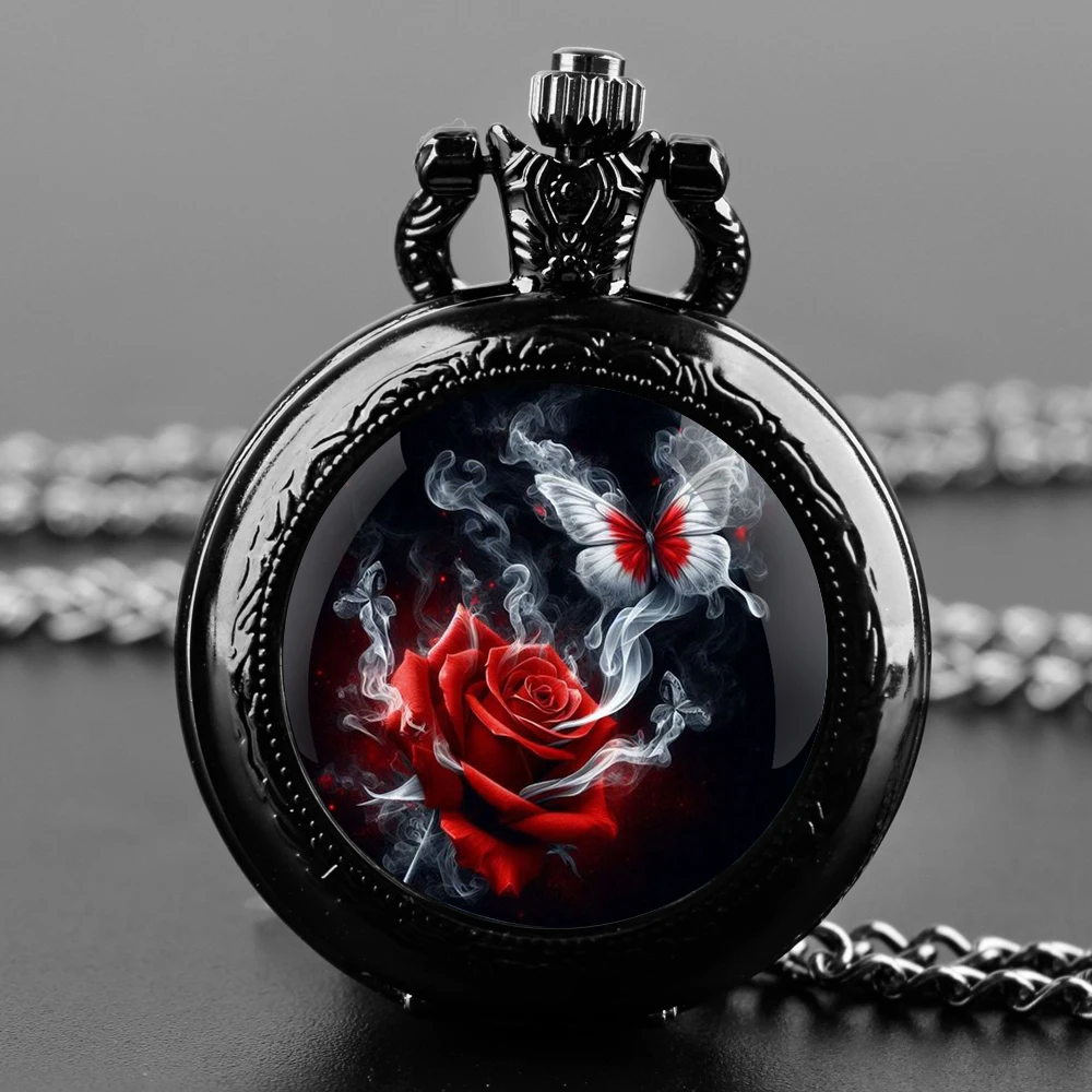 Exquisite Gift Rose Lotus Flower Design Glass Dome Quartz Pocket Watch Necklace Men Women Unique Jewelry Pendant Birthday Gift