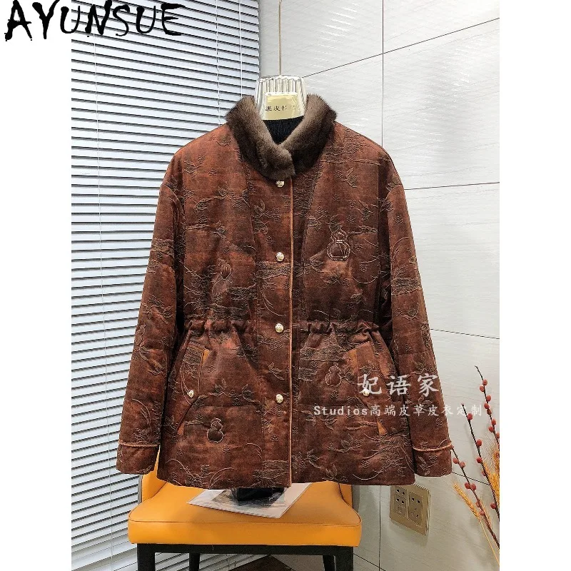 AYUNSUE Goose Down Jacket Woman Chinese Style Mink Fur Collar Women Winter Coat Elegant Warm Long Sleeve Tops Woman Clothes