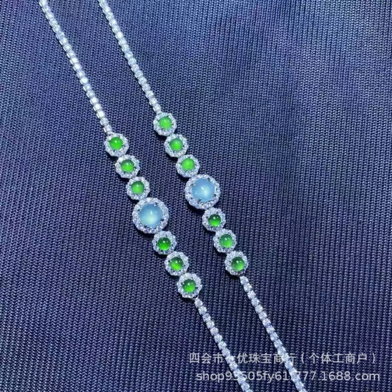 Natural A- Level Jade Dangerous Material Blue High Noodles S925 Sterling Silver Inlaid Spicy Green Hot B