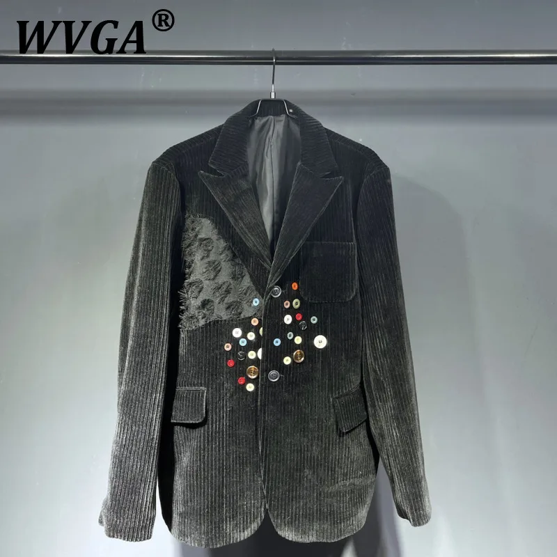 

WVGA Autumn Winter New Men's Tide Darkwear Corduroy Patchwork Button Design Trendy Blazer Niche Casual Suit-Coats Ins Y2K W9564