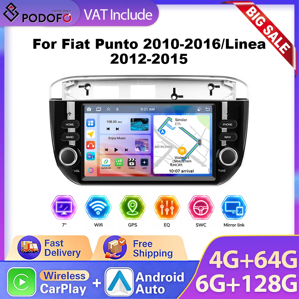 Podofo 7" 2Din Radio Samochodowe z Androidem 6GB+128G Bezprzewodowy CarPlay Android Auto do Fiat Punto Linea Grande Punto Evo 2010‑2017 GPS WIFI BT FM RDS Multimedialny System Audio Autoradio