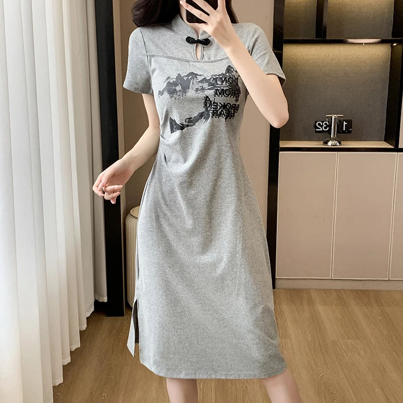 Women T-shirt Dresses Summer Female Stand Collar Short Sleeve Large Size Elegant Cotton Black Gray Chinese-style Print Vestidos