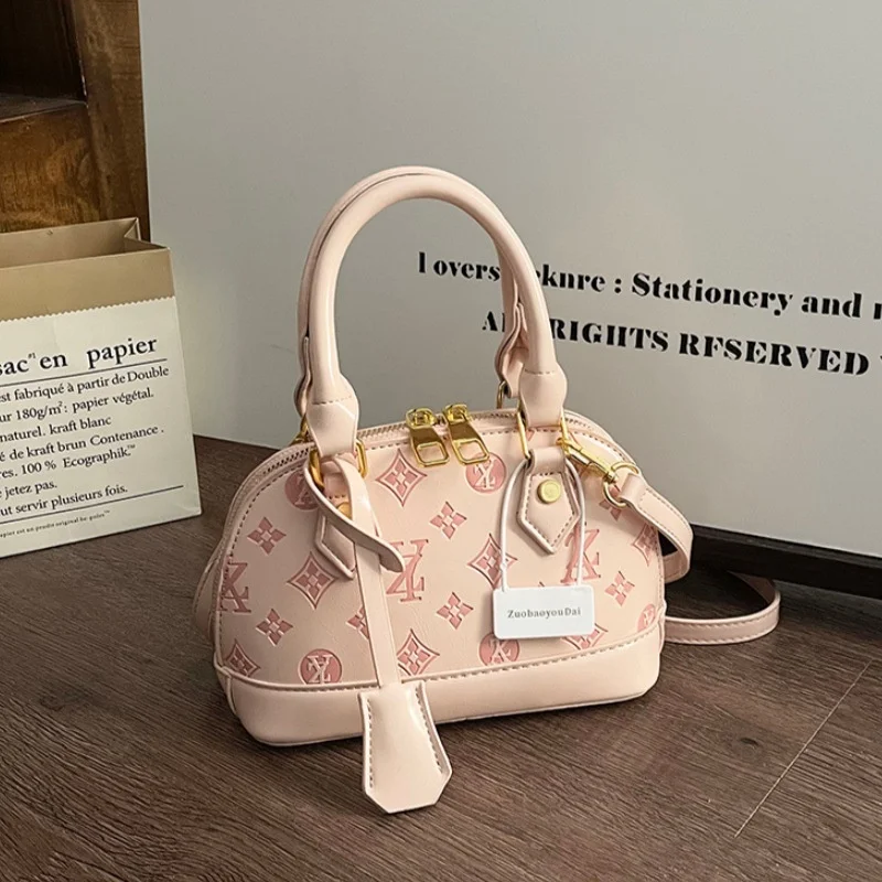 

Sweet Style Embossed Monogram Mini Handbag, Compact Shell Shape with Detachable Crossbody Strap