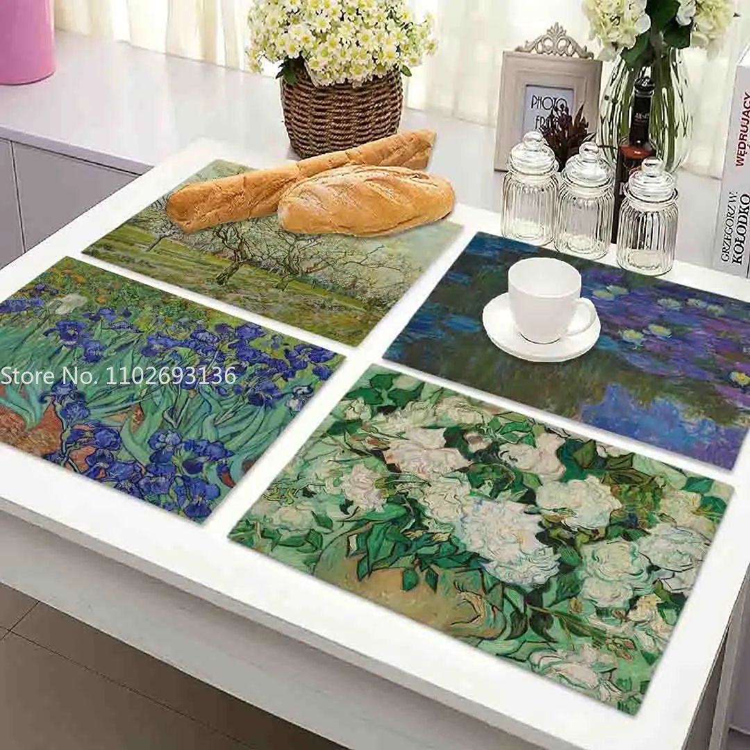 Monet Placemat Famous Oil Paintings Van Gogh Kitchen Decor Cotton Linen Dining Table Coaster Pad Bowl Coffee Cup Mats Tablecloth