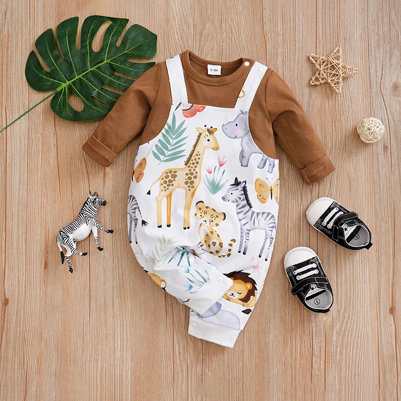 

0-36M Spring and Autumn Newborn jumpsuit with long sleeves, cute and fake two-piece suspender pants, animal gatherings, pure