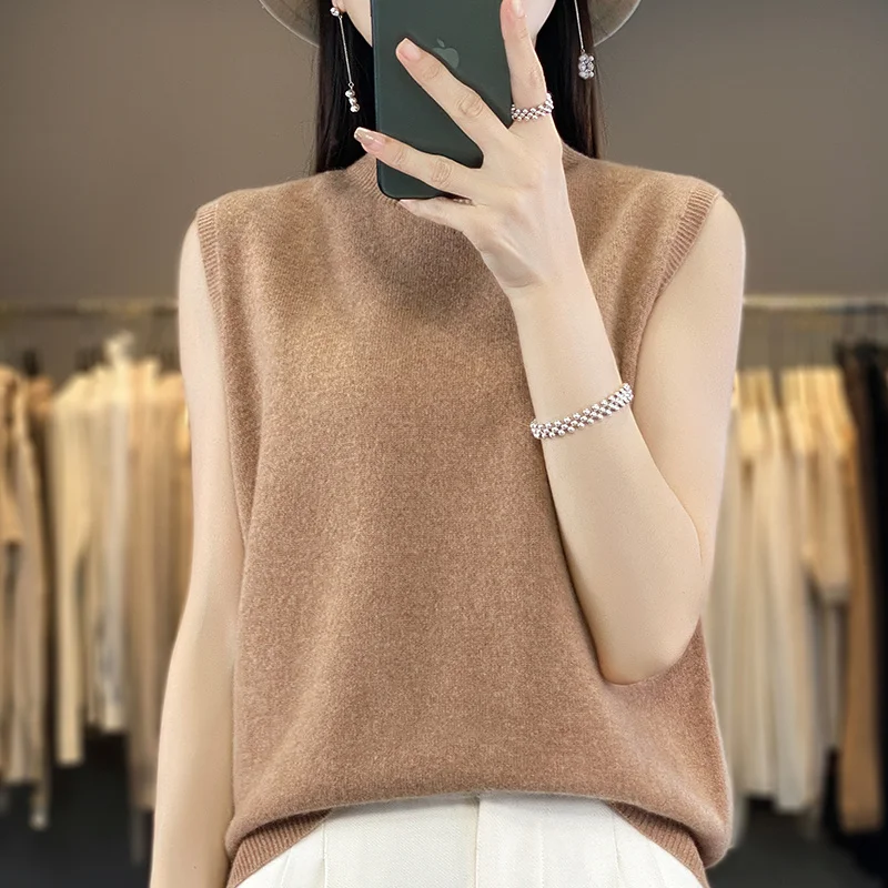 New Spring And Autumn High-end Half turtleneck Sleeveless Women\'s Knitted Woolen Sweater Sleeveless Top Vest WQ811