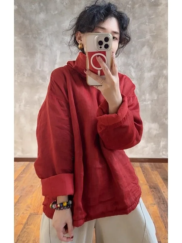 High-End Linnen Crew Ne irt Dames Herfst Vintage Casual Grote Maat Lange Sve Capuchon Basis Katoen Linnen Kleur Top