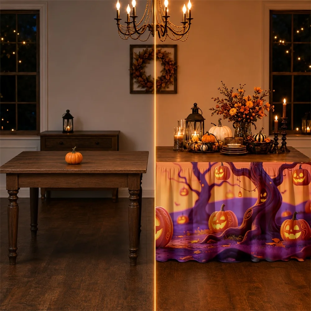 Table skirt / tableskirt, pumpkin lantern, dead tree, evening, orange and purple gradient, Halloween, terrifying atmospherezyc