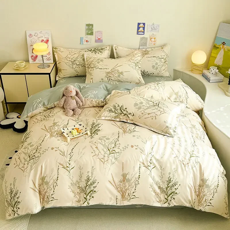 Set Seprai Bunga Krim Tanpa Pengisi Bersirkulasi Hijau Ins Ganda Ukuran Queen Penutup Selimut Penghibur Seprai Datar Sarung Bantal Seprai